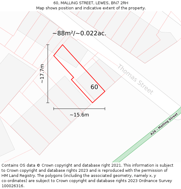 60, MALLING STREET, LEWES, BN7 2RH: Plot and title map