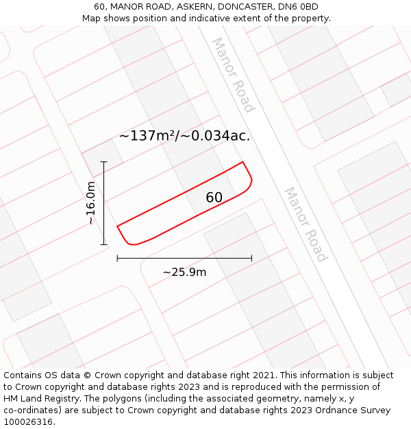 60, MANOR ROAD, ASKERN, DONCASTER, DN6 0BD: Plot and title map