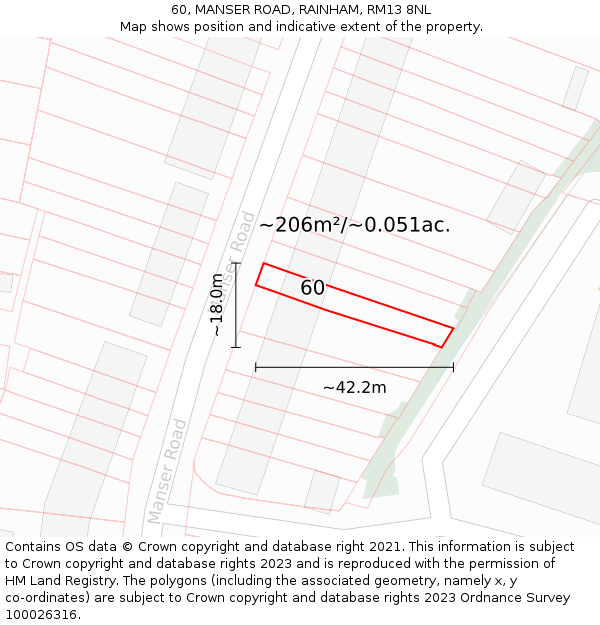 60, MANSER ROAD, RAINHAM, RM13 8NL: Plot and title map