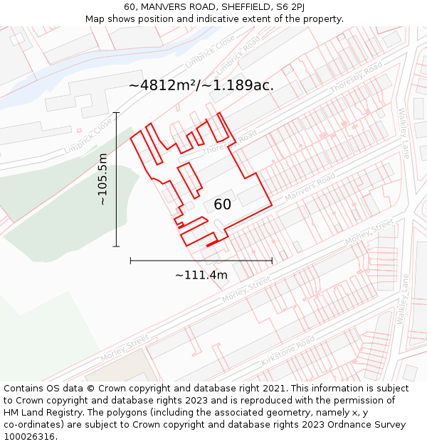 60, MANVERS ROAD, SHEFFIELD, S6 2PJ: Plot and title map