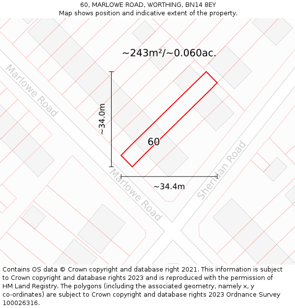 60, MARLOWE ROAD, WORTHING, BN14 8EY: Plot and title map