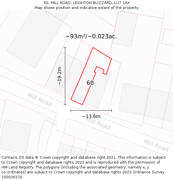 60, MILL ROAD, LEIGHTON BUZZARD, LU7 1AX: Plot and title map