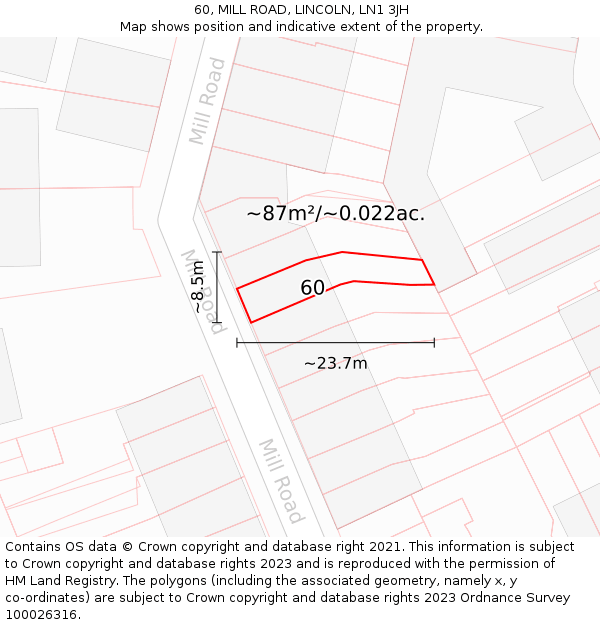 60, MILL ROAD, LINCOLN, LN1 3JH: Plot and title map