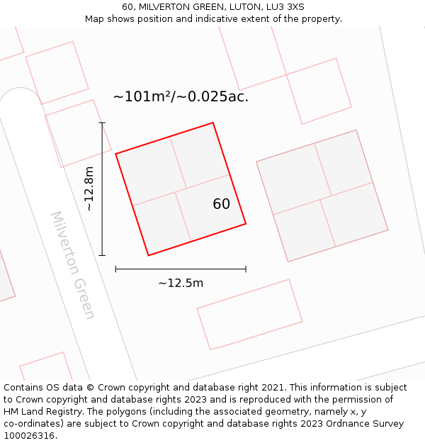 60, MILVERTON GREEN, LUTON, LU3 3XS: Plot and title map