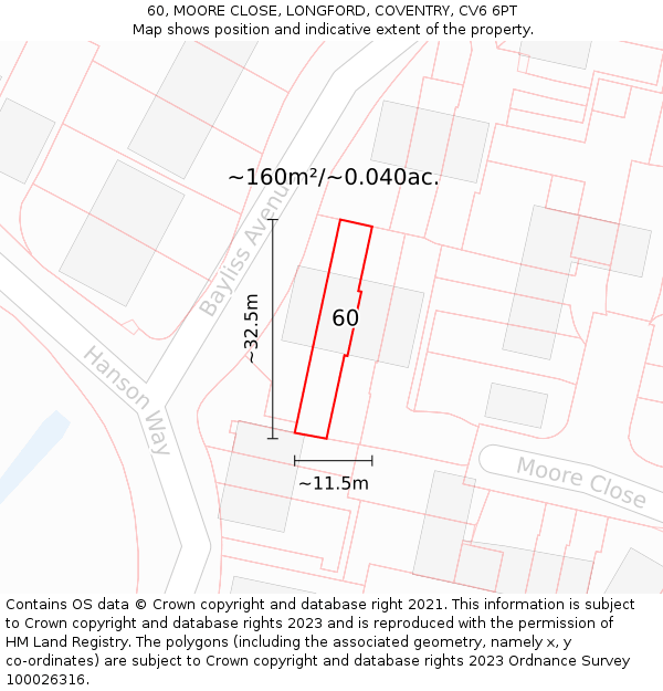 60, MOORE CLOSE, LONGFORD, COVENTRY, CV6 6PT: Plot and title map