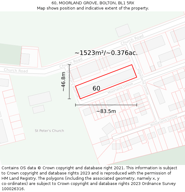 60, MOORLAND GROVE, BOLTON, BL1 5RX: Plot and title map