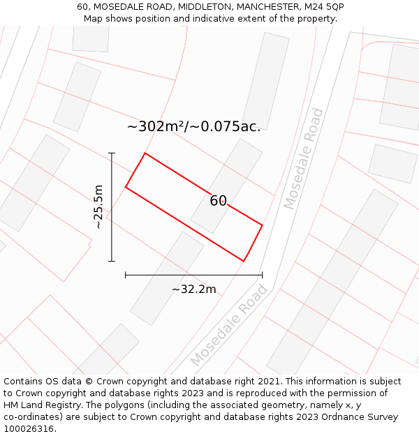 60, MOSEDALE ROAD, MIDDLETON, MANCHESTER, M24 5QP: Plot and title map