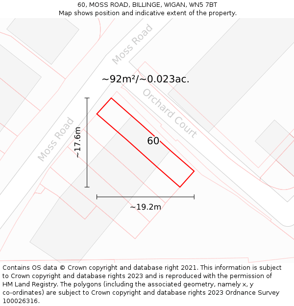 60, MOSS ROAD, BILLINGE, WIGAN, WN5 7BT: Plot and title map