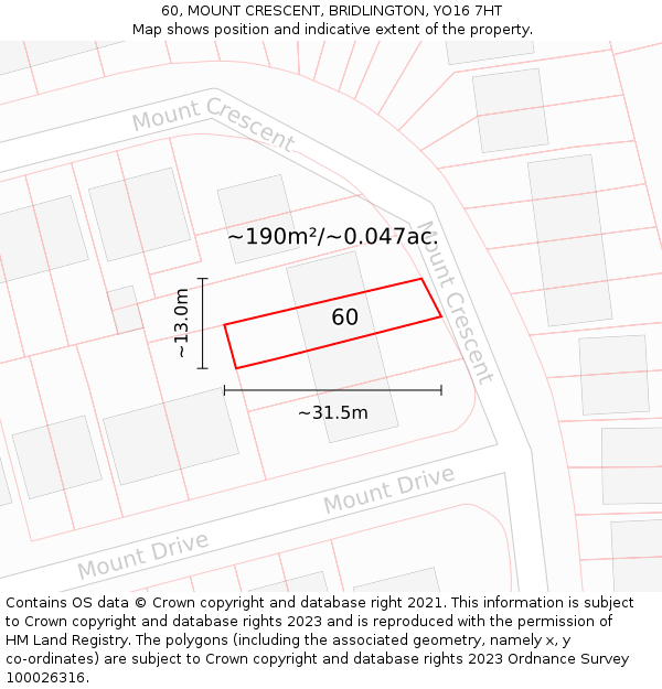 60, MOUNT CRESCENT, BRIDLINGTON, YO16 7HT: Plot and title map