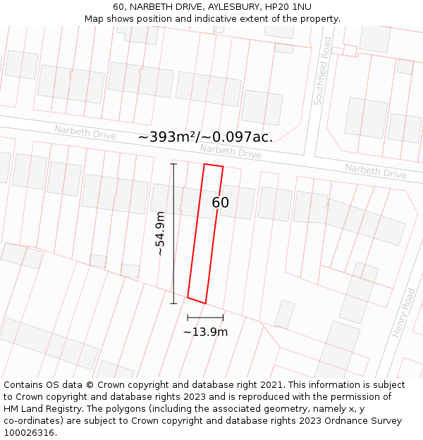 60, NARBETH DRIVE, AYLESBURY, HP20 1NU: Plot and title map