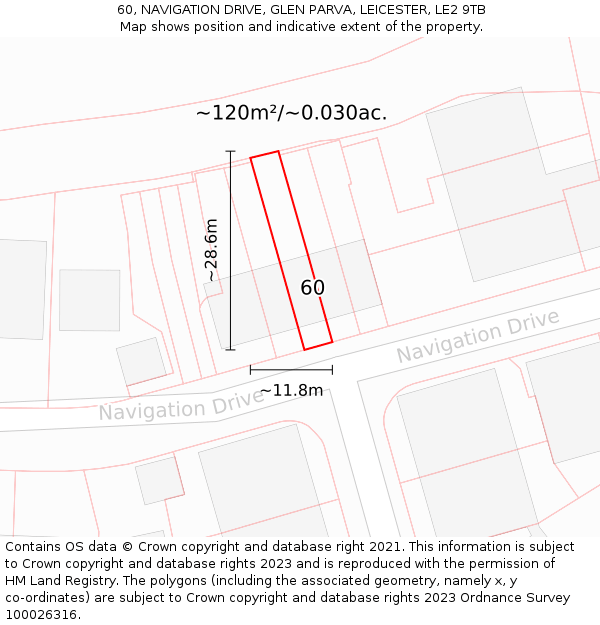 60, NAVIGATION DRIVE, GLEN PARVA, LEICESTER, LE2 9TB: Plot and title map