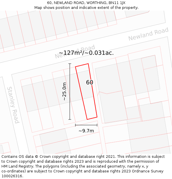 60, NEWLAND ROAD, WORTHING, BN11 1JX: Plot and title map