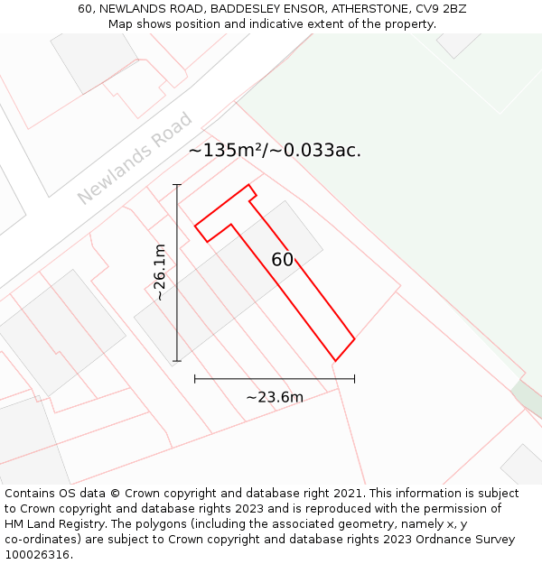 60, NEWLANDS ROAD, BADDESLEY ENSOR, ATHERSTONE, CV9 2BZ: Plot and title map