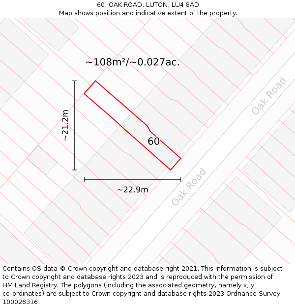 60, OAK ROAD, LUTON, LU4 8AD: Plot and title map