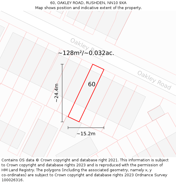 60, OAKLEY ROAD, RUSHDEN, NN10 9XA: Plot and title map