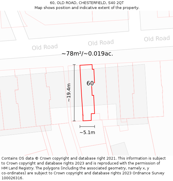 60, OLD ROAD, CHESTERFIELD, S40 2QT: Plot and title map