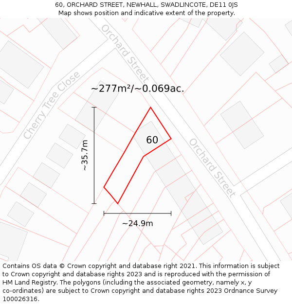 60, ORCHARD STREET, NEWHALL, SWADLINCOTE, DE11 0JS: Plot and title map