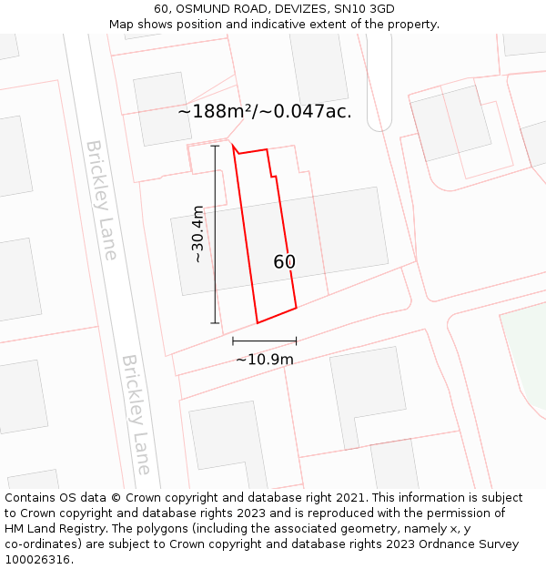 60, OSMUND ROAD, DEVIZES, SN10 3GD: Plot and title map