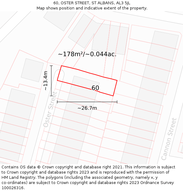 60, OSTER STREET, ST ALBANS, AL3 5JL: Plot and title map