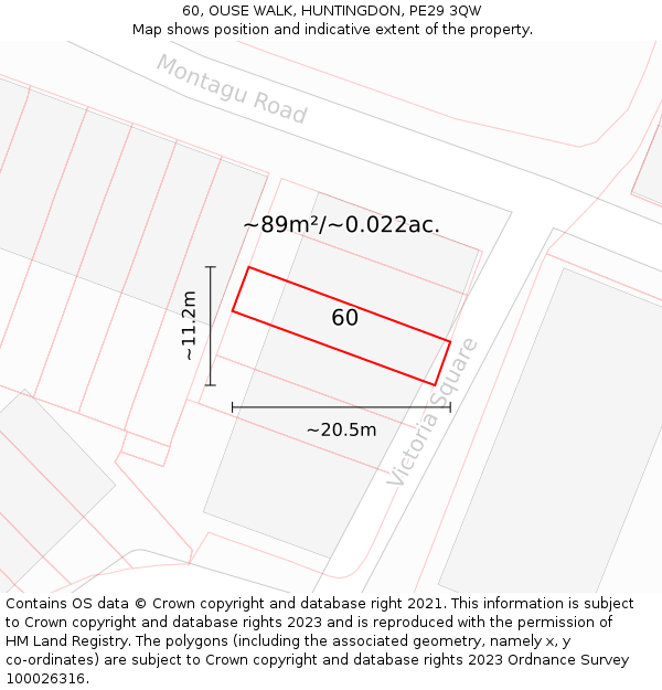 60, OUSE WALK, HUNTINGDON, PE29 3QW: Plot and title map
