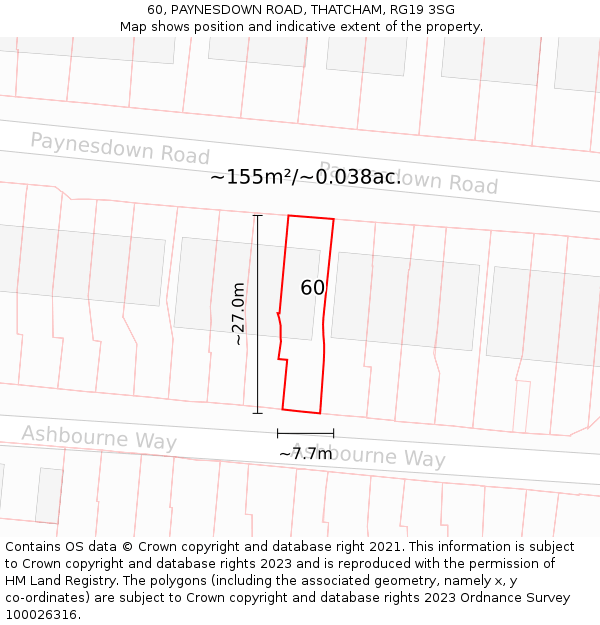 60, PAYNESDOWN ROAD, THATCHAM, RG19 3SG: Plot and title map