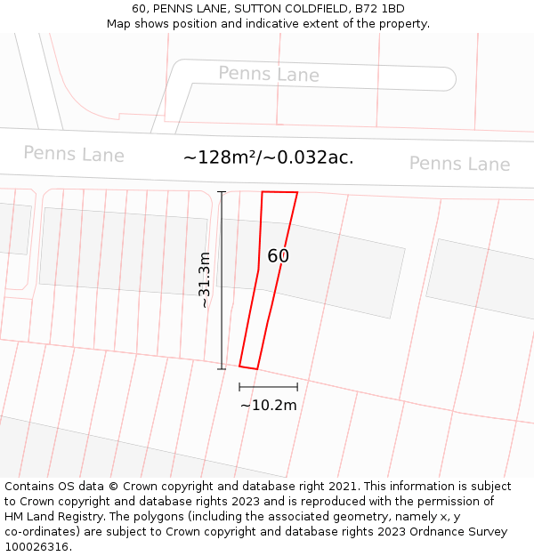 60, PENNS LANE, SUTTON COLDFIELD, B72 1BD: Plot and title map