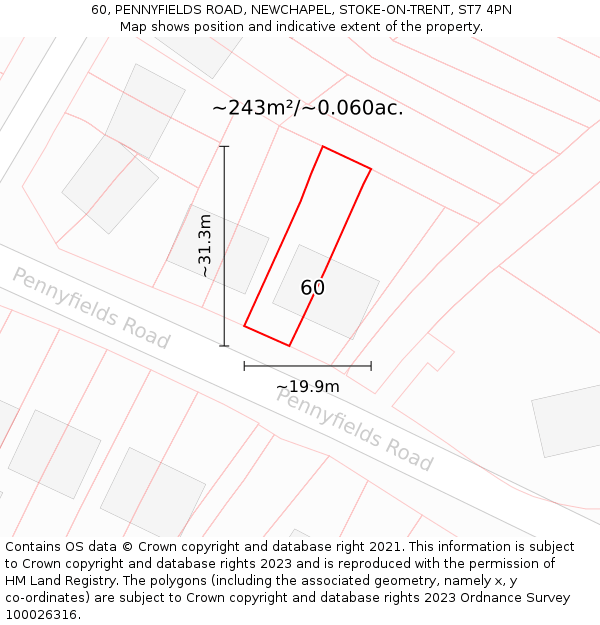 60, PENNYFIELDS ROAD, NEWCHAPEL, STOKE-ON-TRENT, ST7 4PN: Plot and title map