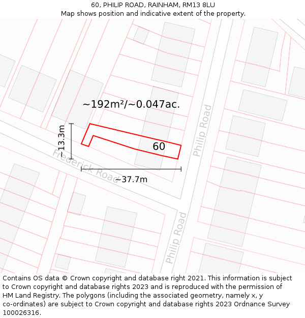 60, PHILIP ROAD, RAINHAM, RM13 8LU: Plot and title map