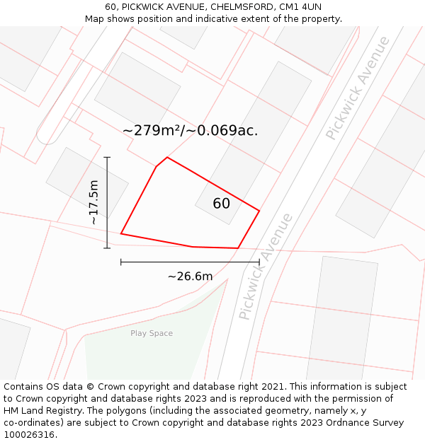 60, PICKWICK AVENUE, CHELMSFORD, CM1 4UN: Plot and title map