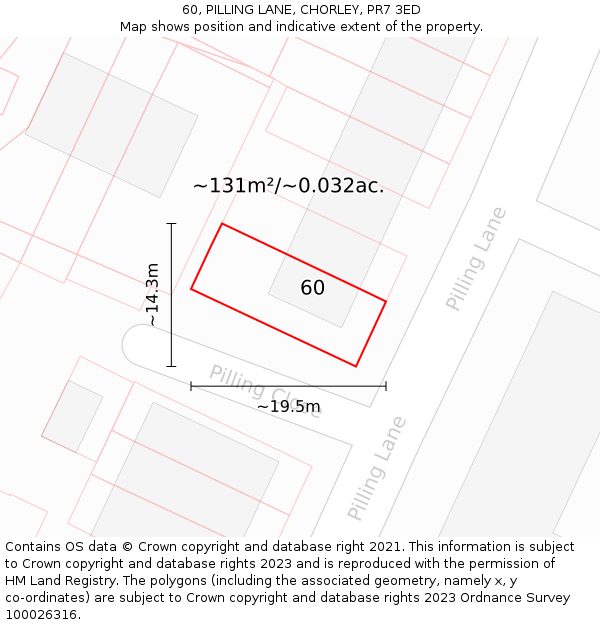 60, PILLING LANE, CHORLEY, PR7 3ED: Plot and title map