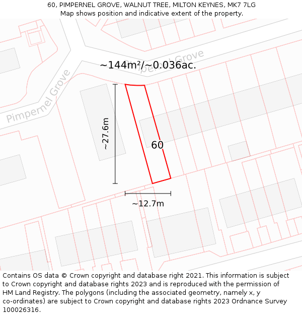 60, PIMPERNEL GROVE, WALNUT TREE, MILTON KEYNES, MK7 7LG: Plot and title map