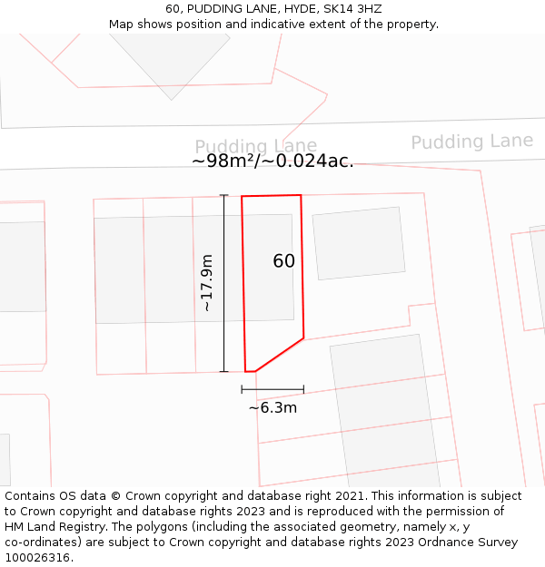 60, PUDDING LANE, HYDE, SK14 3HZ: Plot and title map