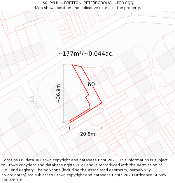 60, PYHILL, BRETTON, PETERBOROUGH, PE3 8QQ: Plot and title map