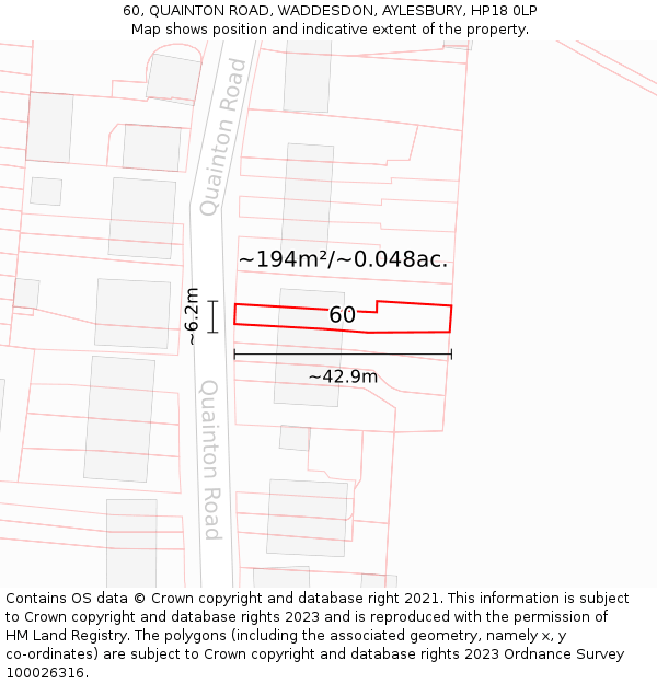 60, QUAINTON ROAD, WADDESDON, AYLESBURY, HP18 0LP: Plot and title map