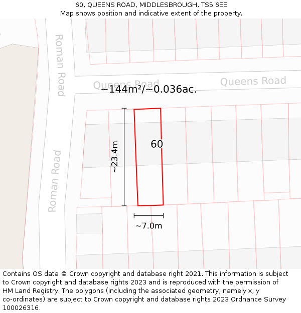60, QUEENS ROAD, MIDDLESBROUGH, TS5 6EE: Plot and title map