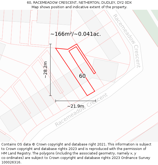 60, RACEMEADOW CRESCENT, NETHERTON, DUDLEY, DY2 0DX: Plot and title map