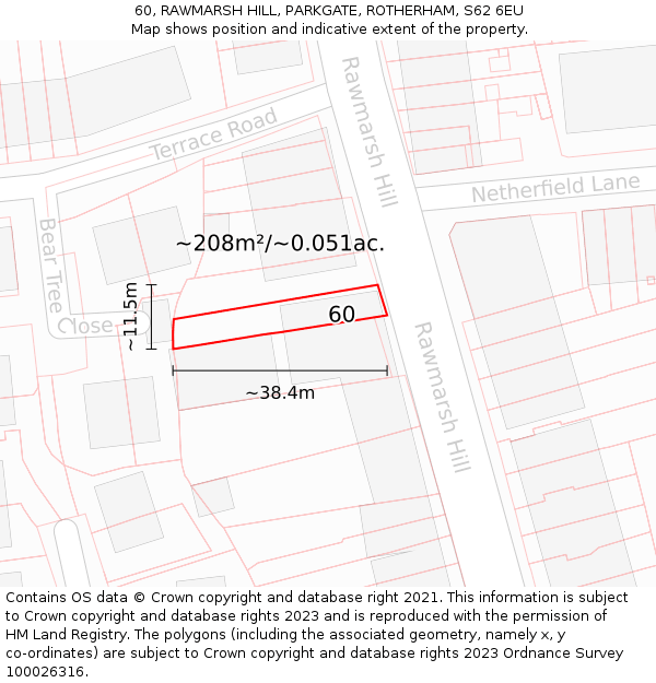 60, RAWMARSH HILL, PARKGATE, ROTHERHAM, S62 6EU: Plot and title map