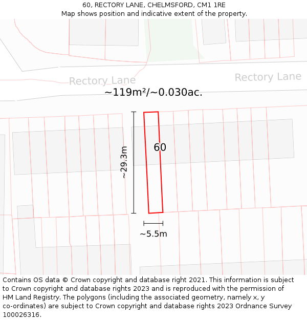 60, RECTORY LANE, CHELMSFORD, CM1 1RE: Plot and title map