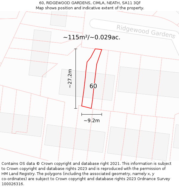 60, RIDGEWOOD GARDENS, CIMLA, NEATH, SA11 3QF: Plot and title map