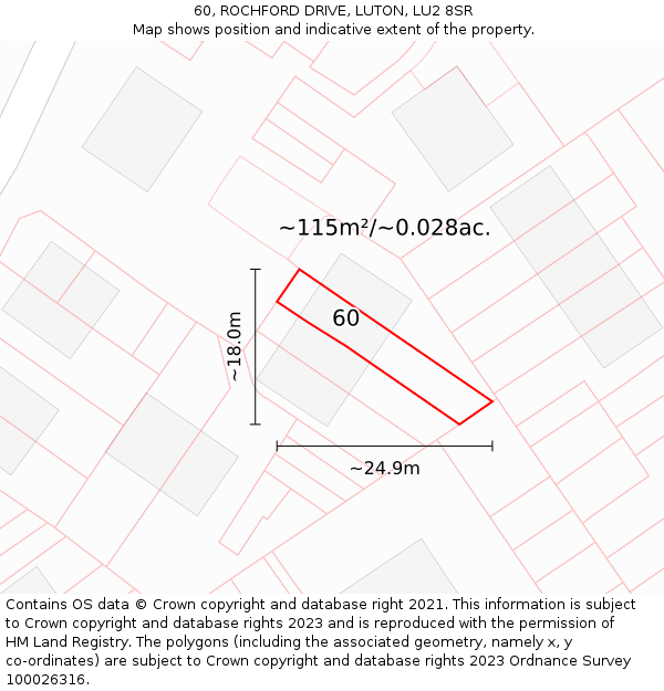 60, ROCHFORD DRIVE, LUTON, LU2 8SR: Plot and title map