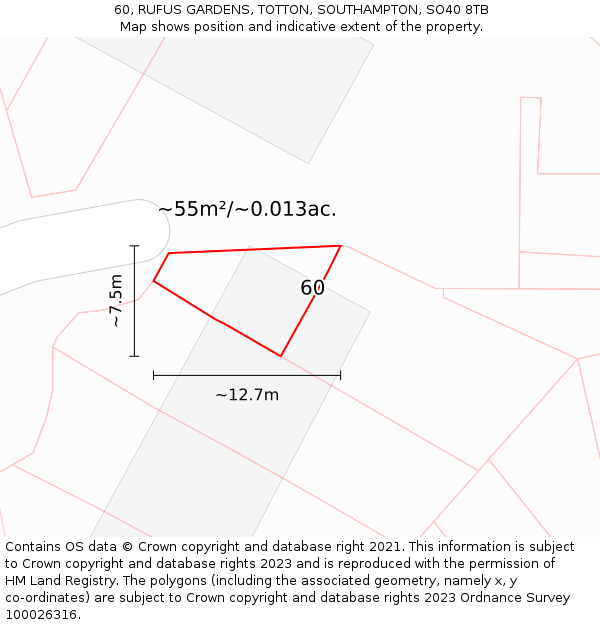60, RUFUS GARDENS, TOTTON, SOUTHAMPTON, SO40 8TB: Plot and title map
