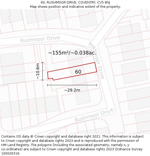 60, RUSHMOOR DRIVE, COVENTRY, CV5 8NJ: Plot and title map