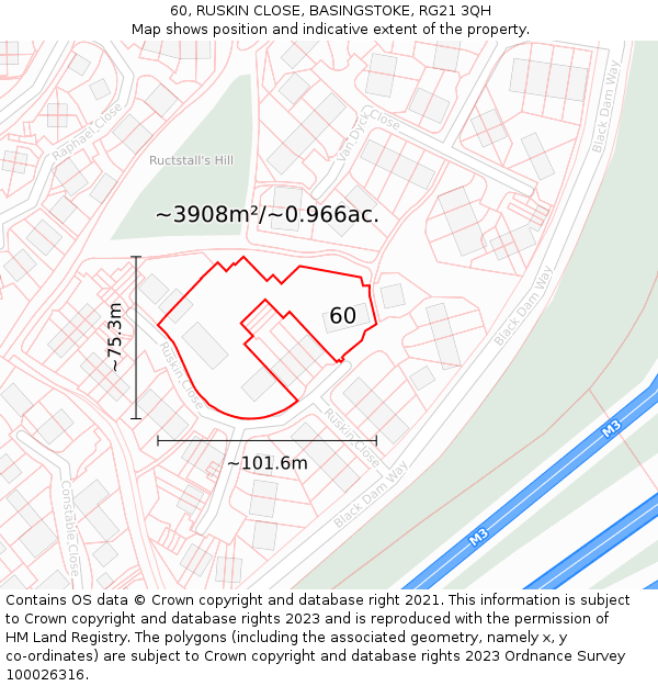 60, RUSKIN CLOSE, BASINGSTOKE, RG21 3QH: Plot and title map