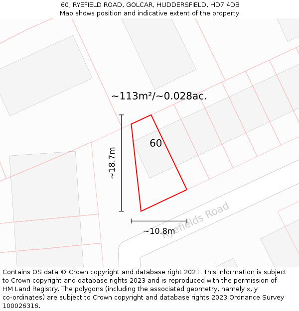 60, RYEFIELD ROAD, GOLCAR, HUDDERSFIELD, HD7 4DB: Plot and title map