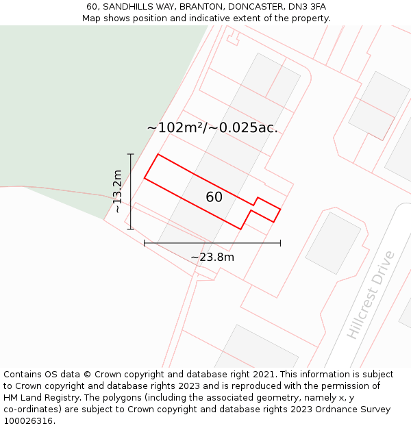 60, SANDHILLS WAY, BRANTON, DONCASTER, DN3 3FA: Plot and title map