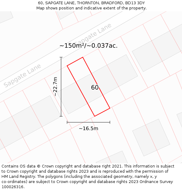 60, SAPGATE LANE, THORNTON, BRADFORD, BD13 3DY: Plot and title map