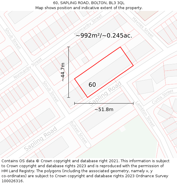60, SAPLING ROAD, BOLTON, BL3 3QL: Plot and title map