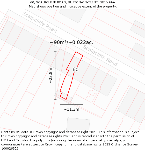 60, SCALPCLIFFE ROAD, BURTON-ON-TRENT, DE15 9AA: Plot and title map