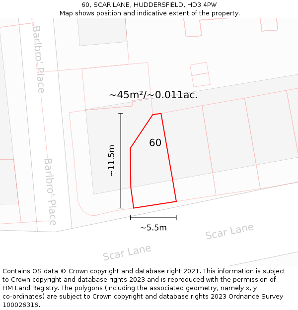 60, SCAR LANE, HUDDERSFIELD, HD3 4PW: Plot and title map