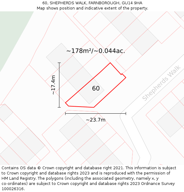 60, SHEPHERDS WALK, FARNBOROUGH, GU14 9HA: Plot and title map